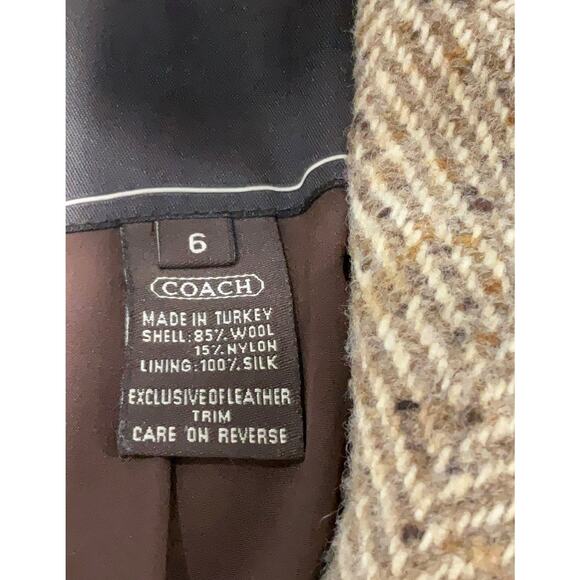 Coach Herringbone Brown Wool Silk Lined Leather Trim Long Peacoat 6 - Picture 4 of 4
